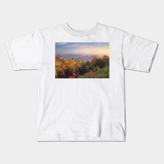 Deciduous Forest In Autumn Blue Ridge Mountains From Doughton Park Kids T-Shirt by RhysDawson